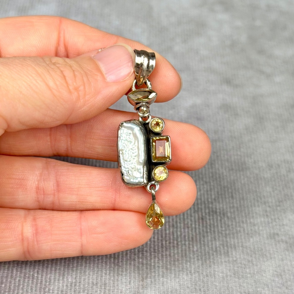 Sterling Silver 925 Blister Pearl and Citrine Multi Gemstone Artisan Pendant